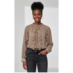 New Chic Taupe Ruffle Blouse – Boho & Elegant Style - Size Small